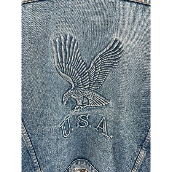 TYCA USA Eagle Jean Jacket Size XL Distressed Blue Denim Embossed Logo Trucker - Picture 14 of 15